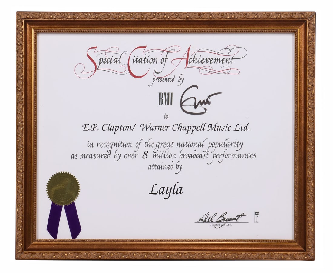 ERIC CLAPTON - Eric Clapton-Autographed BMI Special Citation Of Achievement Award for "Layla" (1 of 3)