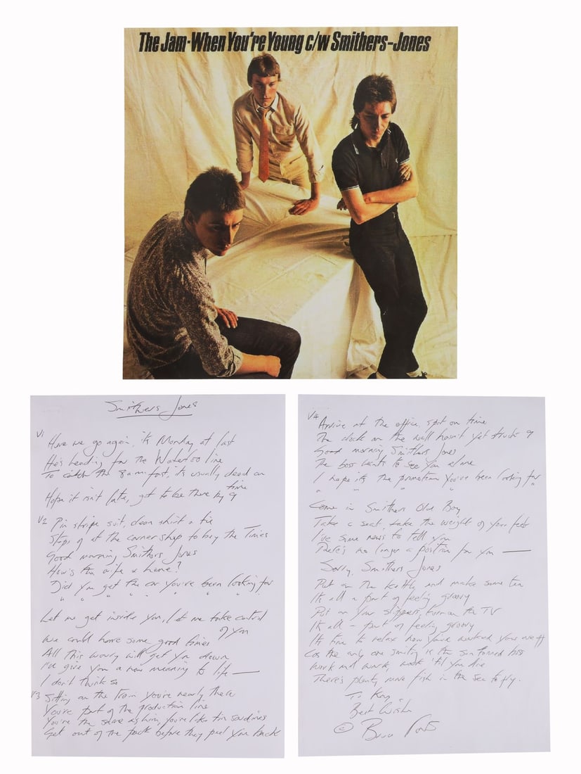 THE JAM - Bruce Foxton Handwritten and Autographed "Smithers-Jones" Lyrics and Two Prints (1 of 4)