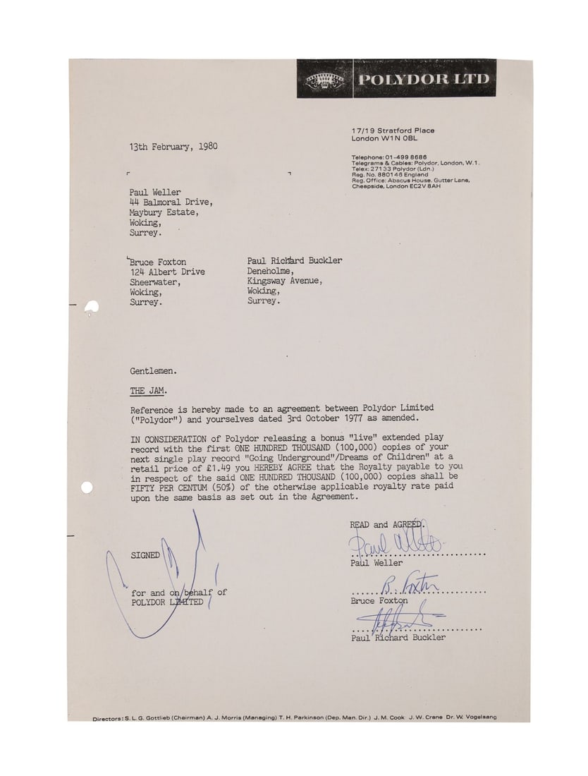 THE JAM - Paul Weller, Bruce Foxton and Rick Buckler Signed "Going Underground" Polydor Records (1 of 2)