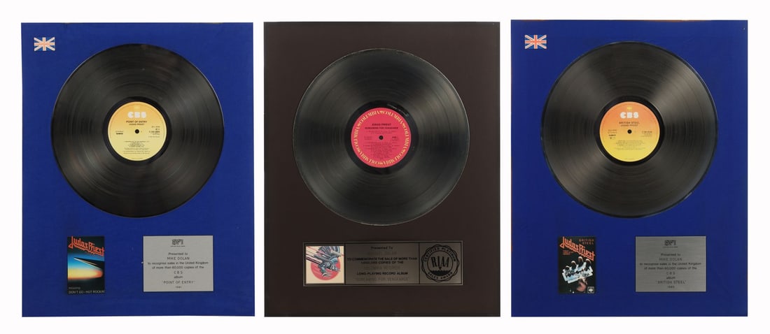 JUDAS PRIEST - Three Assorted Disc Awards for Screaming For Vengeance, Point Of Entry and British (1 of 4)