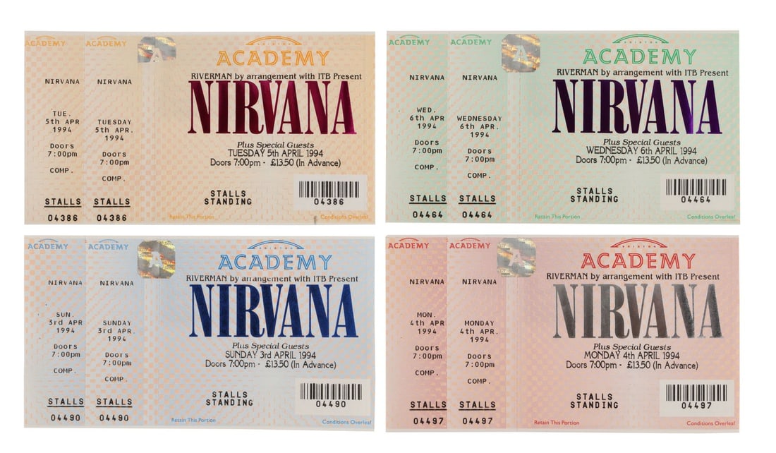 NIRVANA - Set of Four Cancelled Brixton Academy UK Tour Concert Tickets, 1994 (1 of 4)