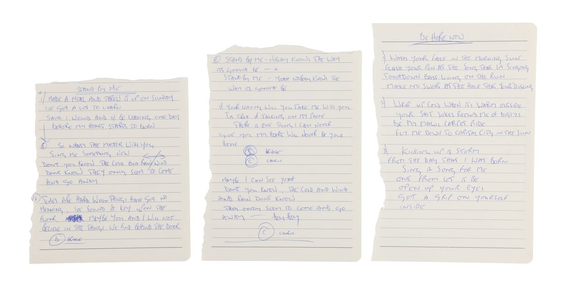 OASIS - Complete Set of Be Here Now Album Song Lyrics Handwritten by Noel Gallagher Used Within (1 of 4)