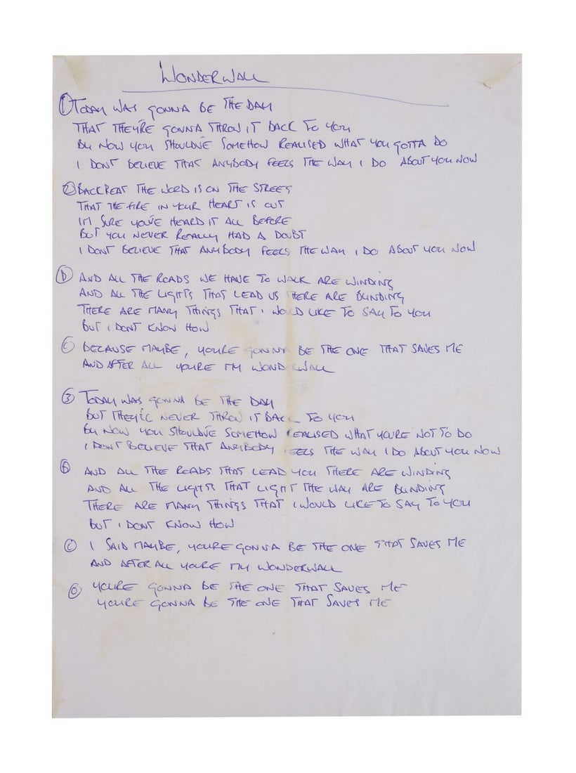 OASIS - Noel Gallagher Handwritten "Wonderwall" Lyrics (1 of 1)