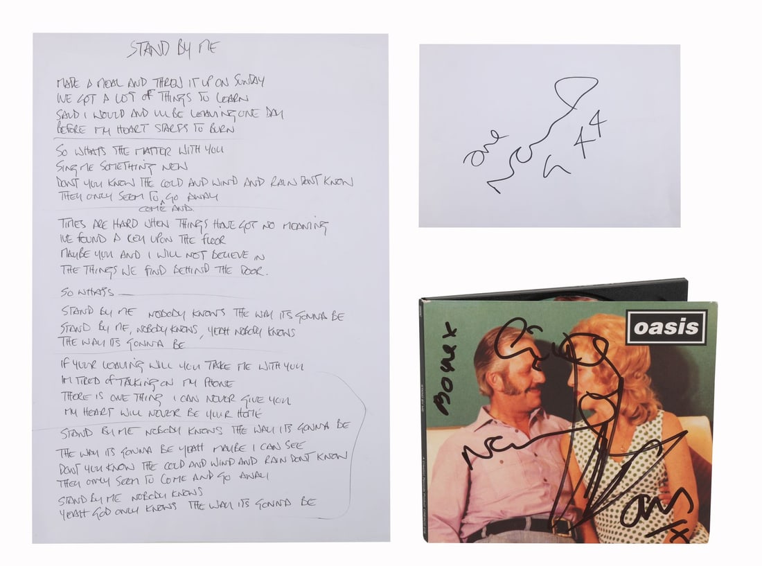OASIS - Noel Gallagher, Liam Gallagher, Paul 'Guigsy' McGuigan, Paul 'Bonehead' Arthurs, Alan: OASIS - Noel Gallagher, Liam Gallagher, Paul 'Guigsy' McGuigan, Paul 'Bonehead' Arthurs, Alan White-autographed 'Stand By Me' CD and Handwritten Lyric Sheet - A CD copy of the Oasis single 'Stand by M