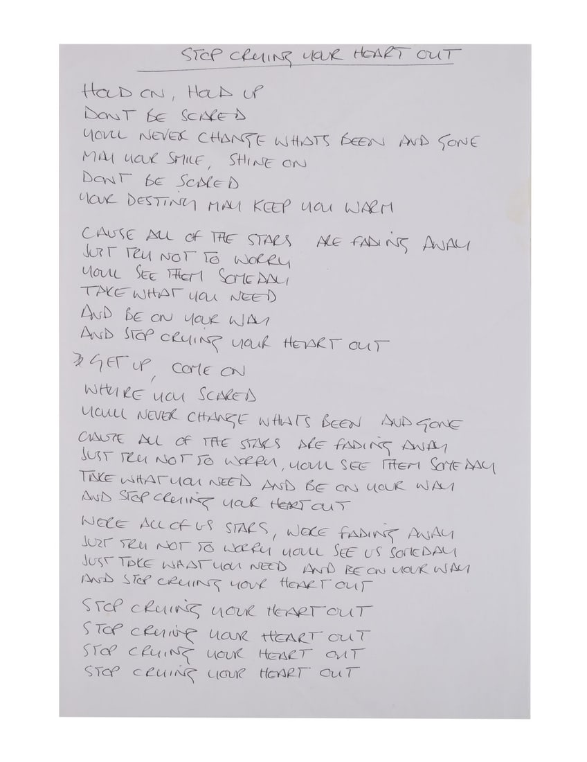 OASIS - Noel Gallagher Handwritten "Stop Crying Your Heart Out" Lyrics (1 of 1)