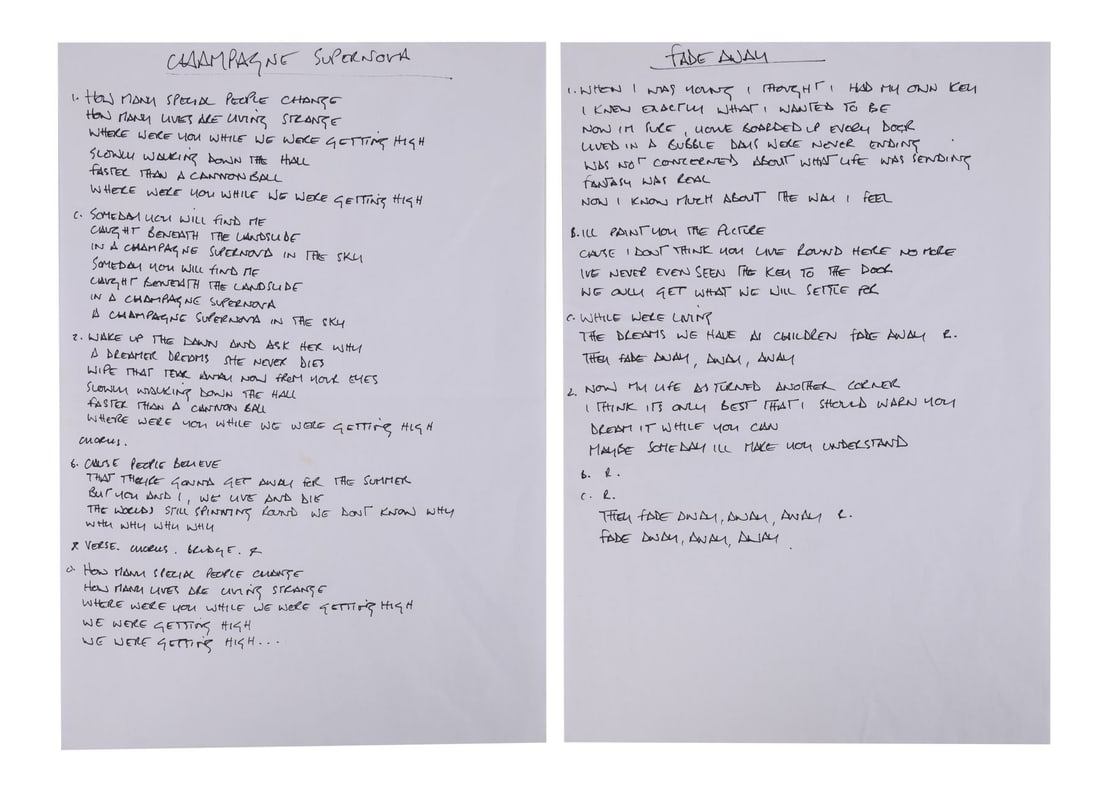 OASIS - Noel Gallagher Handwritten "Champagne Supernova" and "Fade Away" Lyrics (1 of 3)