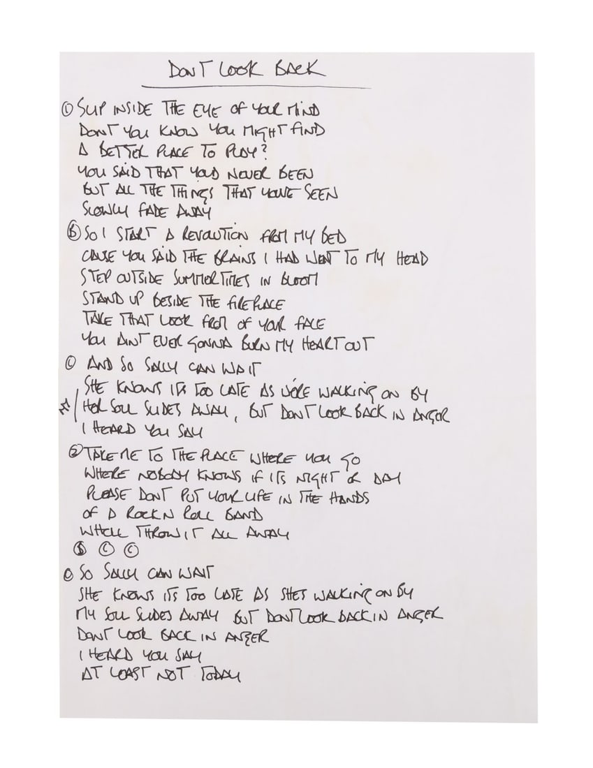 OASIS - Noel Gallagher Handwritten "Don't Look Back In Anger" Lyrics (1 of 3)