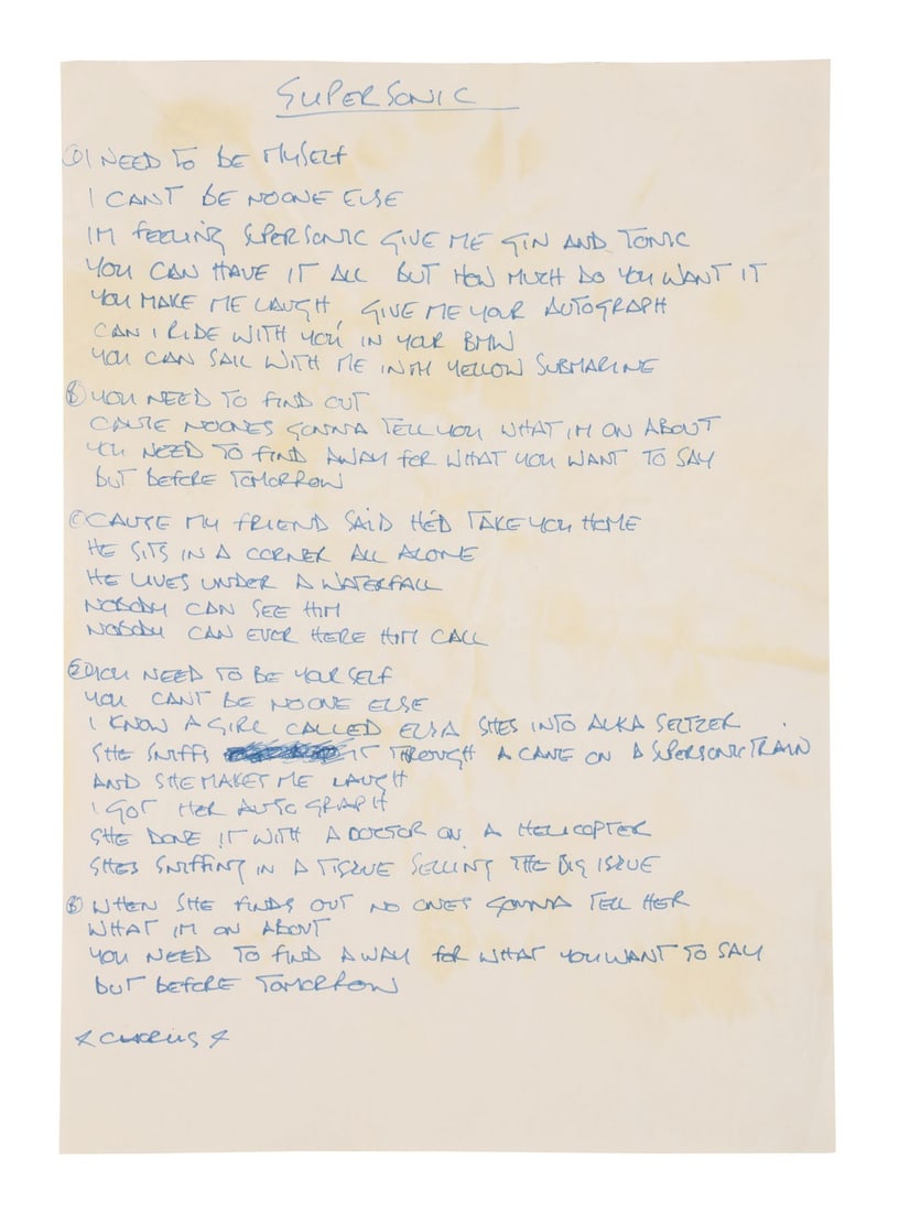 OASIS - Noel Gallagher Handwritten "Supersonic" Lyrics (1 of 4)