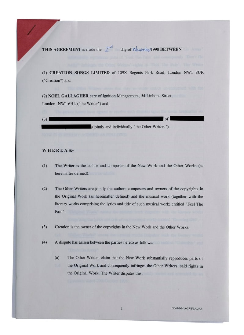 OASIS - Noel Gallagher vs The Real People Signed Plagiarism Settlement Contract (1 of 4)