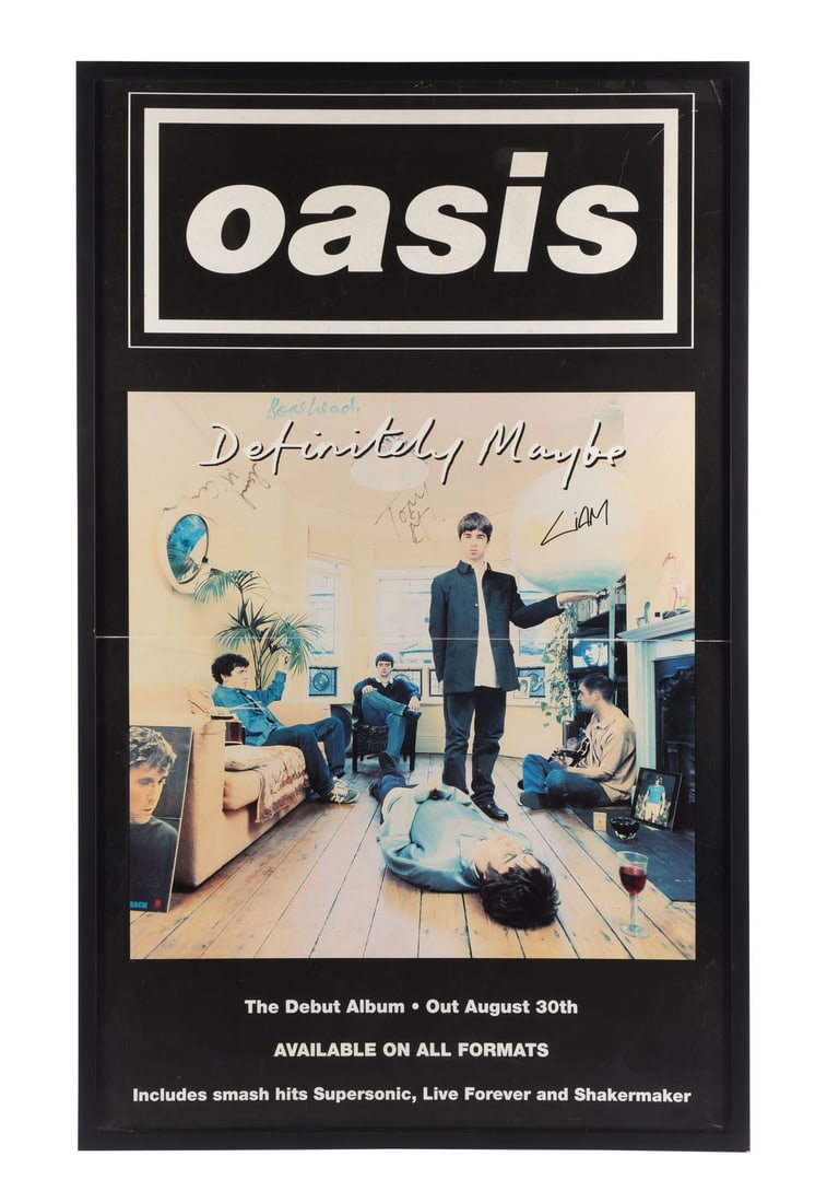 OASIS - Liam Gallagher, Paul "Bonehead" Arthurs, Paul "Guigsy" McGuigan, and Tony: OASIS - Liam Gallagher, Paul "Bonehead" Arthurs, Paul "Guigsy" McGuigan, and Tony McCarroll-Autographed "Definitely Maybe" Record Store Poster - A record store poster autographed by four members of Oa