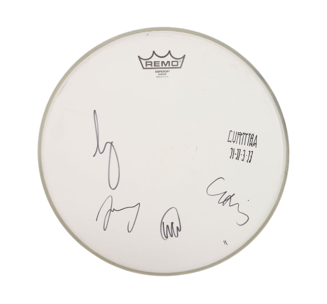 COLDPLAY - Chris Martin, Jonny Buckland, Guy Berryman and Will Champion-Autographed Drum Skin (1 of 4)