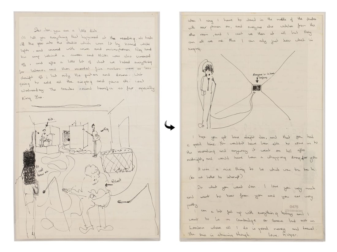 PINK FLOYD - Syd Barrett's Handwritten Letter to Girlfriend Jenny Spires With Drawings, 1965 (1 of 4)