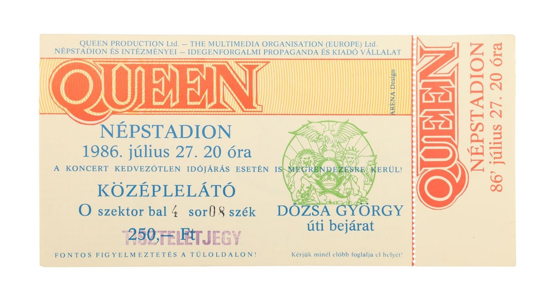 QUEEN - The Peter Hince Collection: Budapest Nepstadion Unused Concert Ticket, 1986 (1 of 2)