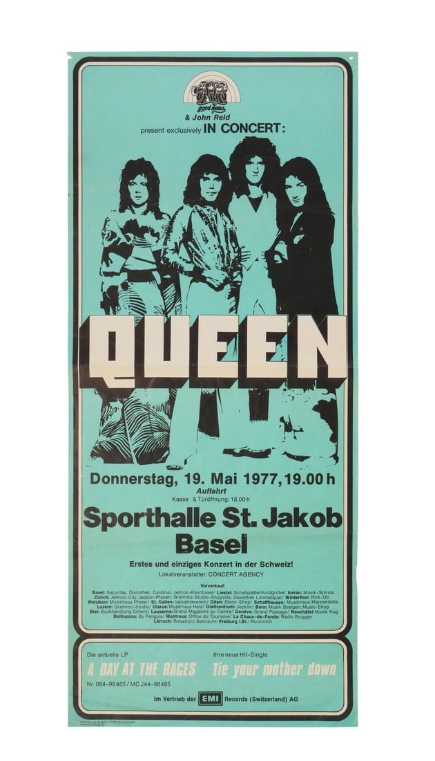 QUEEN - The Peter Hince Collection: "Sporthalle St. Jakob" Basel 1977 Concert Poster and Silver: QUEEN - The Peter Hince Collection: "Sporthalle St. Jakob" Basel 1977 Concert Poster and Silver Gelatin Print - A poster promoting Queen's concert at the "Sporthalle St. Jakob" (now known as St. Jakob