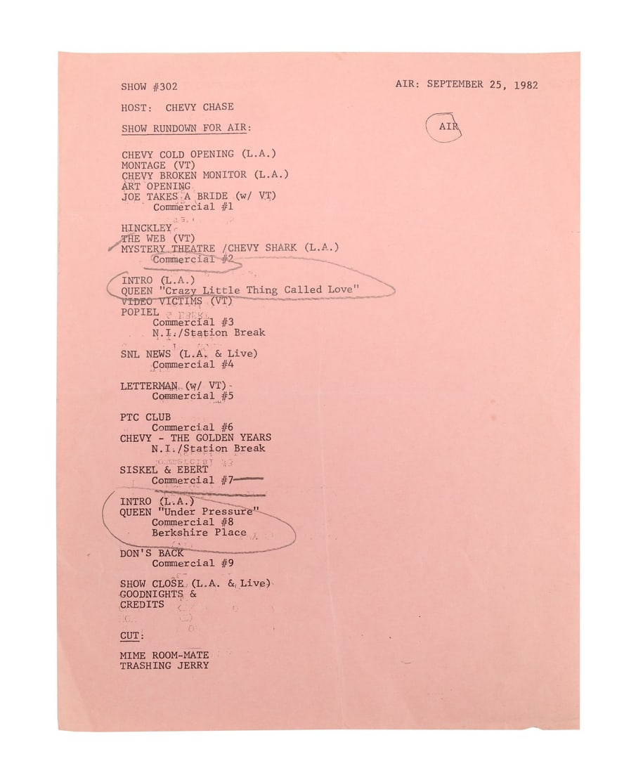 QUEEN - The Peter Hince Collection: Saturday Night Live September 1982 Performance Running Order (1 of 2)