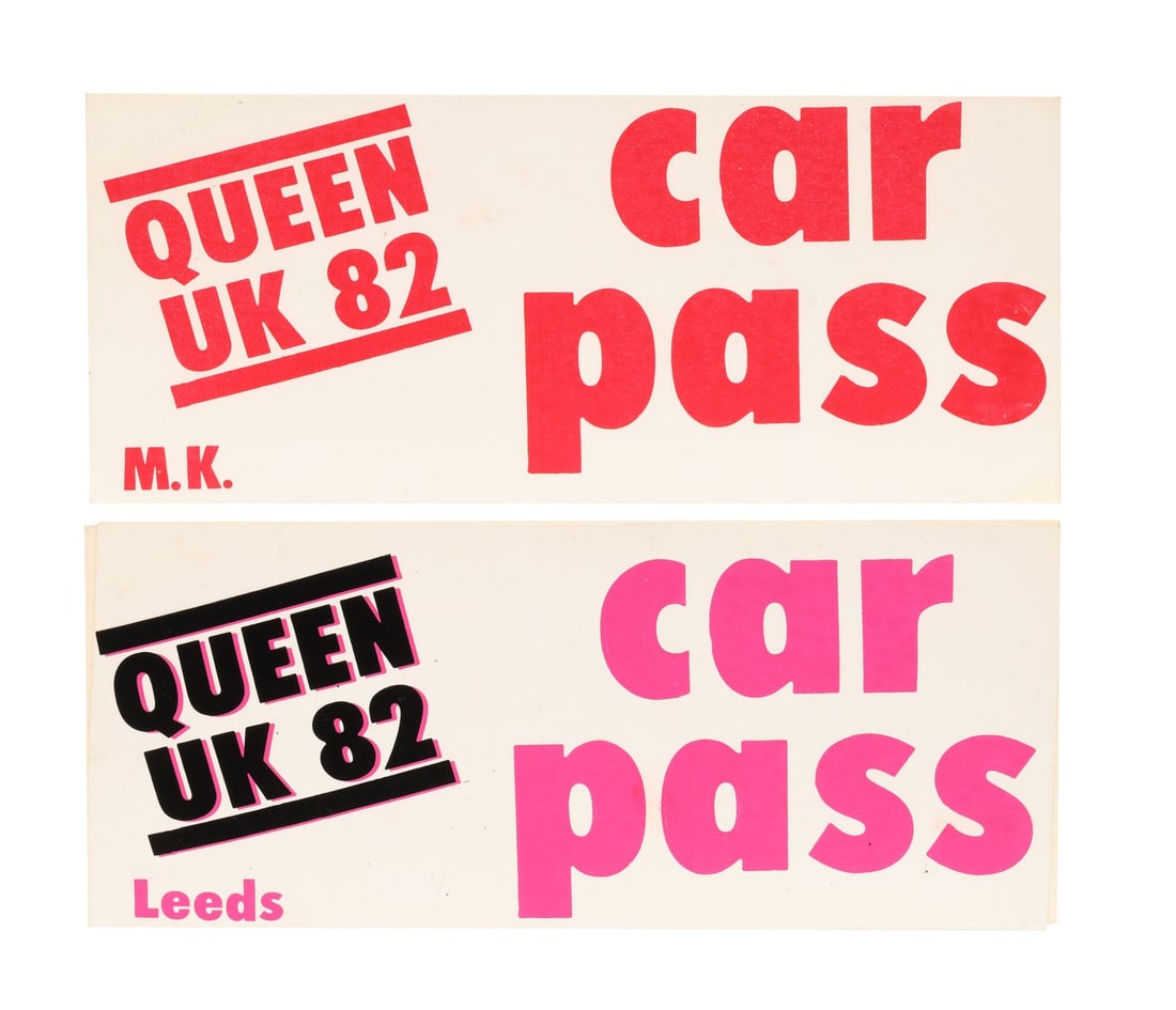 QUEEN - The Peter Hince Collection: Two Hot Space Tour UK Outdoor Show Car Passes, 1982: QUEEN - The Peter Hince Collection: Two Hot Space Tour UK Outdoor Show Car Passes, 1982 - A pair of unused adhesive car passes for two of Queen's outdoor UK shows during the summer of 1982, issued exc