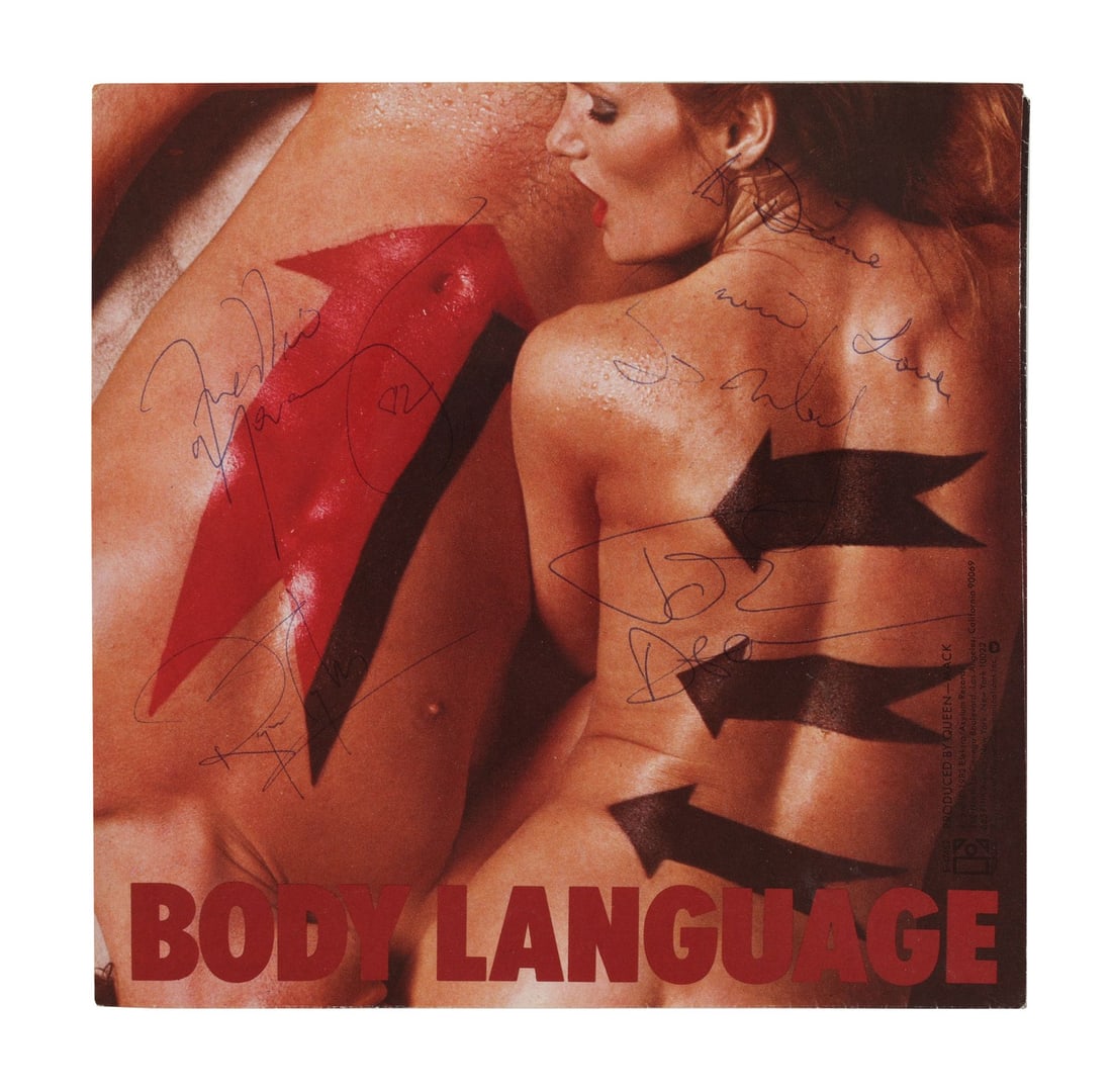 QUEEN - Freddie Mercury, Brian May, Roger Taylor and John Deacon-Autographed "Body Language" 7-inch: QUEEN - Freddie Mercury, Brian May, Roger Taylor and John Deacon-Autographed "Body Language" 7-inch Vinyl Sleeve, 1982 - A 7-inch vinyl picture sleeve for Queen's 1982 single "Body Language" autograph
