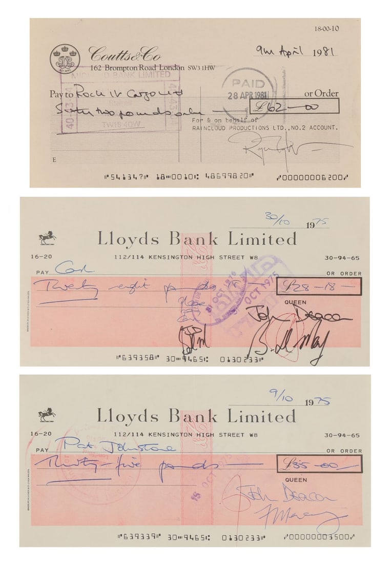 QUEEN - Set of Three Lloyds Bank and Coutts & Co. Cheques Signed by Freddie Mercury, Brian May, (1 of 4)