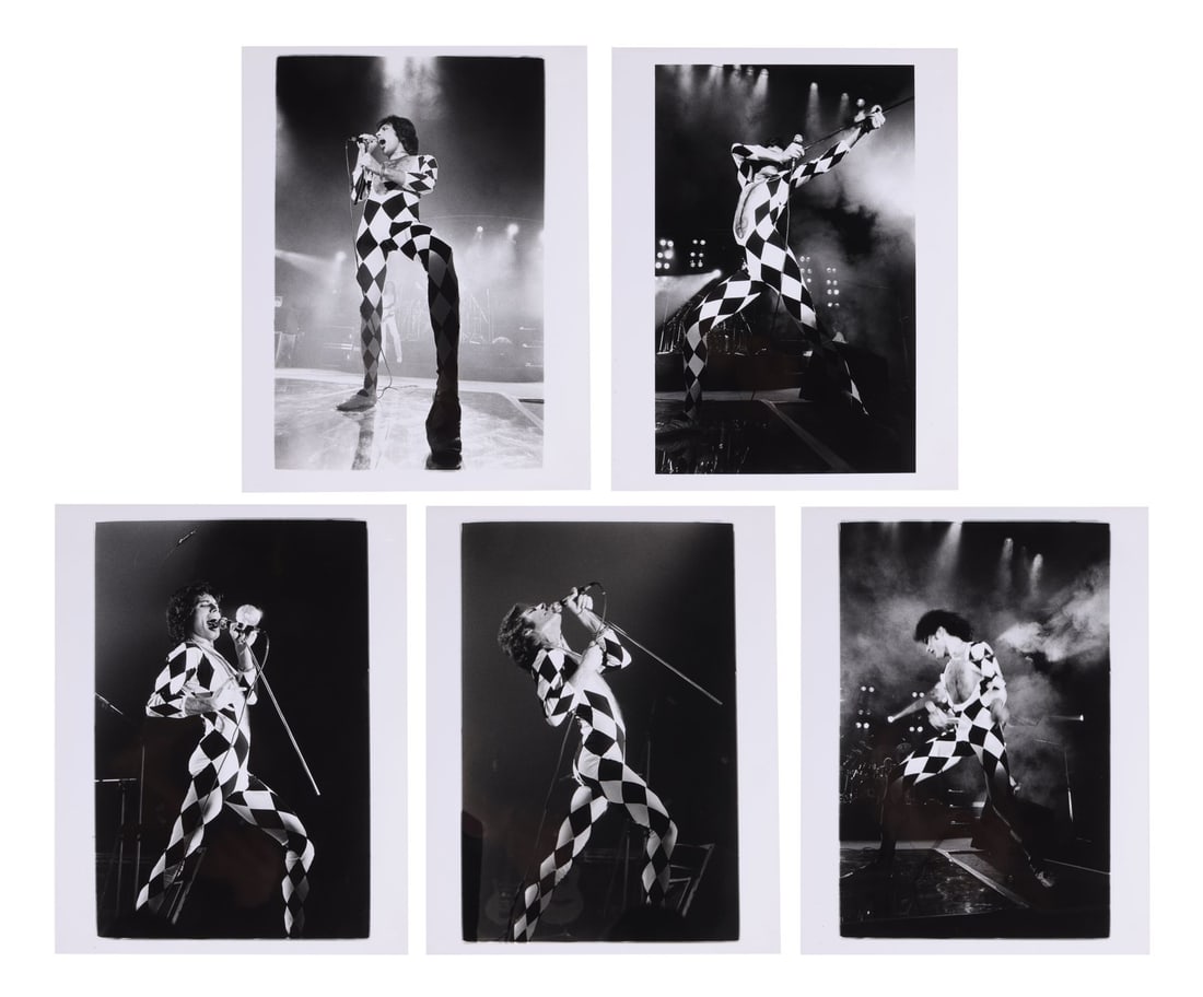 QUEEN - The Rockarchive Collection: Five Freddie Mercury A Day At The Races Tour Silver Gelatin: QUEEN - The Rockarchive Collection: Five Freddie Mercury A Day At The Races Tour Silver Gelatin Prints by Jorgen Angel, Copenhagen, 1977 - A collection of five silver gelatin photographic prints featu