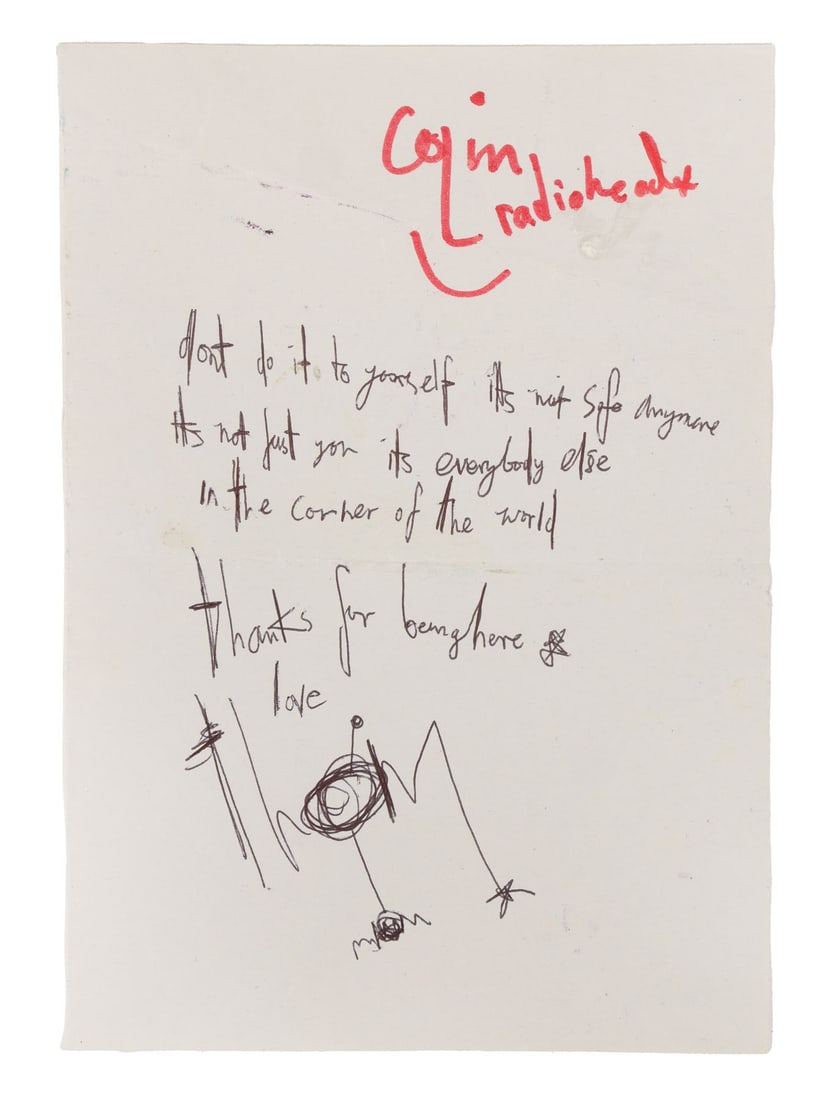 RADIOHEAD - Thom Yorke-Autographed Handwritten Unidentified Lyrics Autographed by Colin Greenwood (1 of 2)