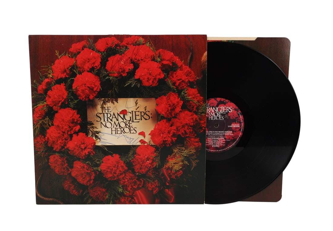 THE STRANGLERS - Hugh Cornwell, Jean-Jacques Burnel, Dave Greenfield and Jet Black-Autographed No: THE STRANGLERS - Hugh Cornwell, Jean-Jacques Burnel, Dave Greenfield and Jet Black-Autographed No More Heroes Vinyl - A UK vinyl pressing of The Stranglers 1977 debut album No More Heroes, autographed