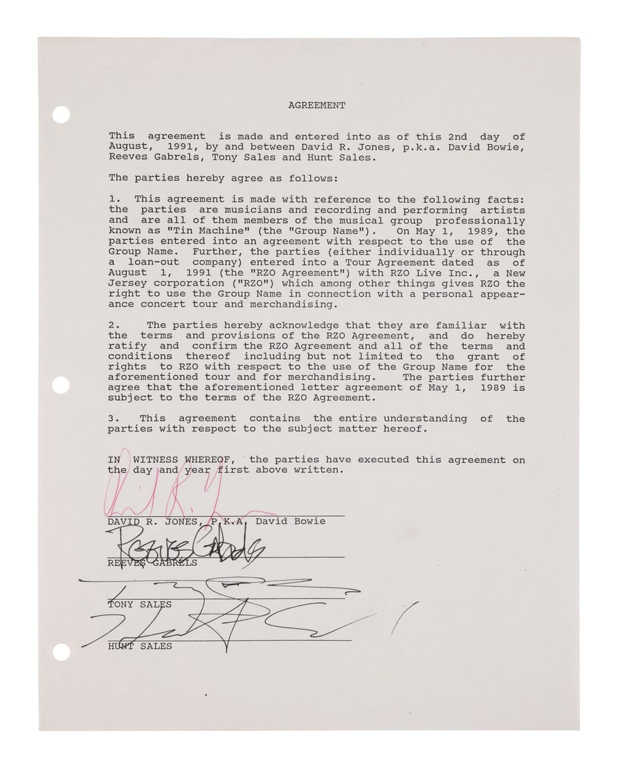 TIN MACHINE - David Bowie and Band-Autographed Contract, 1991 (1 of 3)