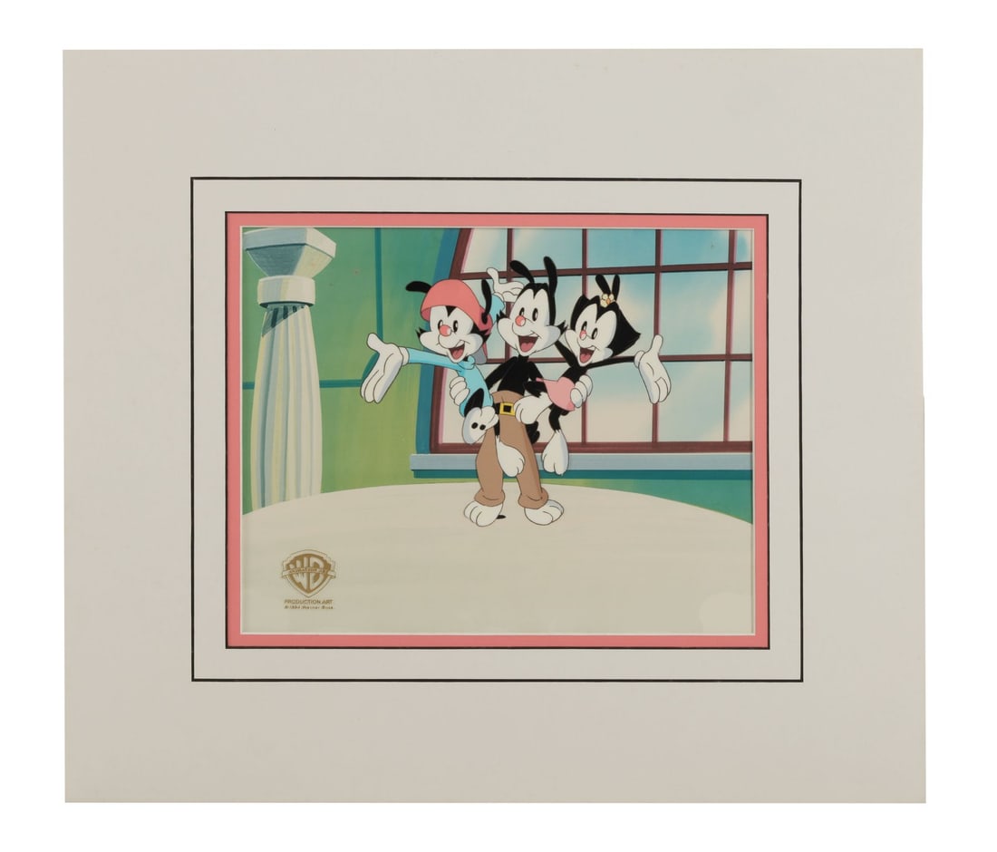 ANIMANIACS (TV SERIES, 1993-1998) - Yakko, Wakko and Dot Original Production Cel from "Taming of the: ANIMANIACS (TV SERIES, 1993-1998) - Yakko, Wakko and Dot Original Production Cel from "Taming of the Screwy" on Studio Printed Photographic Background Signed by Tom Ruegger - Yakko, Wakko and Dot toge