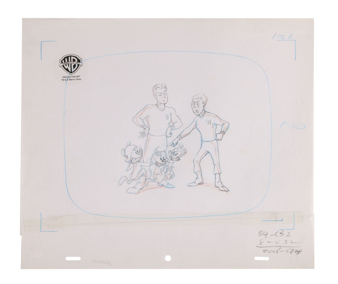 ANIMANIACS (TV SERIES, 1993-1998) - Yakko, Wakko, Dot, Captain Kork and Dr. McBones Original Camera: ANIMANIACS (TV SERIES, 1993-1998) - Yakko, Wakko, Dot, Captain Kork and Dr. McBones Original Camera Layout Drawing from "Star Truck" - The Warner siblings have beamed aboard, and the crew of the U.S.S