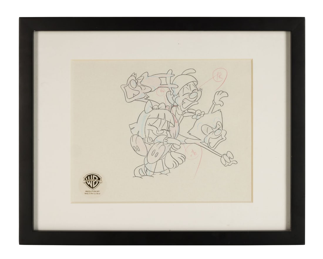 PINKY AND THE BRAIN (TV SERIES, 1995-1998) - Yakko, Wakko, Dot and Elmyra Duff Original Production: PINKY AND THE BRAIN (TV SERIES, 1995-1998) - Yakko, Wakko, Dot and Elmyra Duff Original Production Drawing - All four of the Warner lot, Yakko, Wakko, Dot and Elmyra Duff, are piled into a single comp