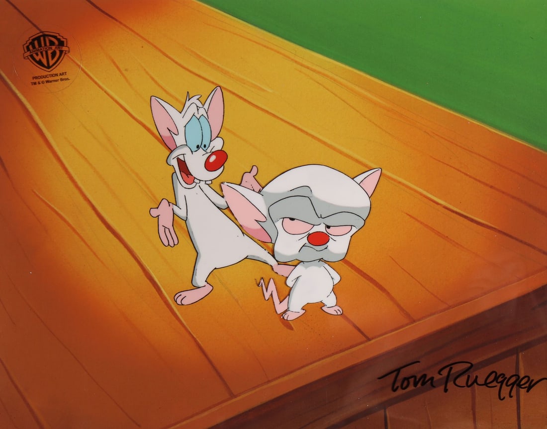 PINKY AND THE BRAIN (TV SERIES, 1995-1998) - Pinky and the Brain Original Production Cel and: PINKY AND THE BRAIN (TV SERIES, 1995-1998) - Pinky and the Brain Original Production Cel and Matching Drawing from "Where No Mouse Has Gone Before" on Studio Printed Lithographic Background Signed by 