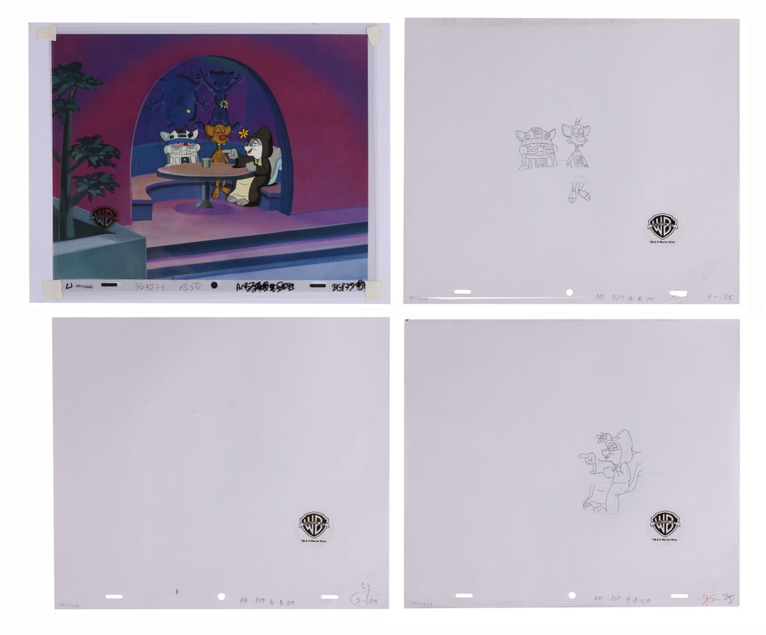PINKY AND THE BRAIN (TV SERIES, 1995-1998) - Slappy, Pinky and the Brain Original Production Cel and: PINKY AND THE BRAIN (TV SERIES, 1995-1998) - Slappy, Pinky and the Brain Original Production Cel and Matching Drawing from "Star Warners" on Studio Printed Lithographic Background Signed by Tom Ruegge