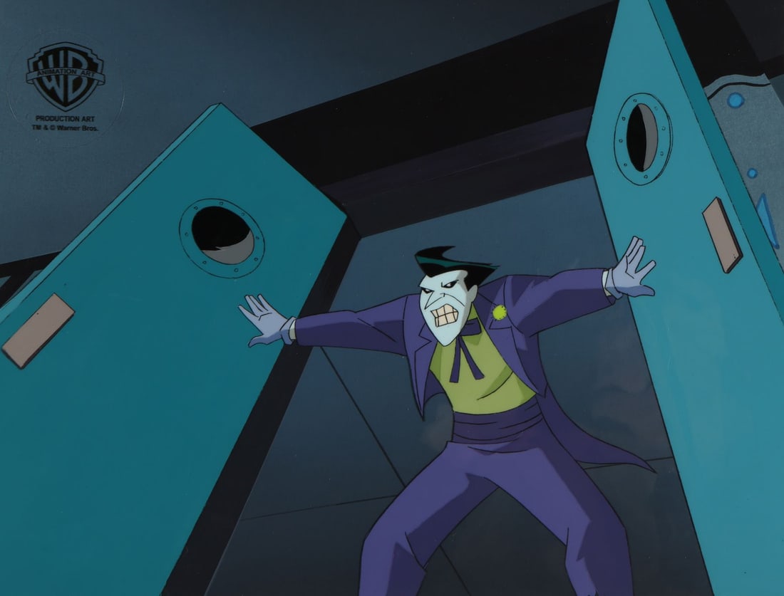 NEW BATMAN ADVENTURES, THE (TV SERIES, 1997-1999) - The Joker Original Production Cel on Key Master: NEW BATMAN ADVENTURES, THE (TV SERIES, 1997-1999) - The Joker Original Production Cel on Key Master Hand-Painted Production Background from "Mad Love" - The Joker bursts through the door, teeth gritte