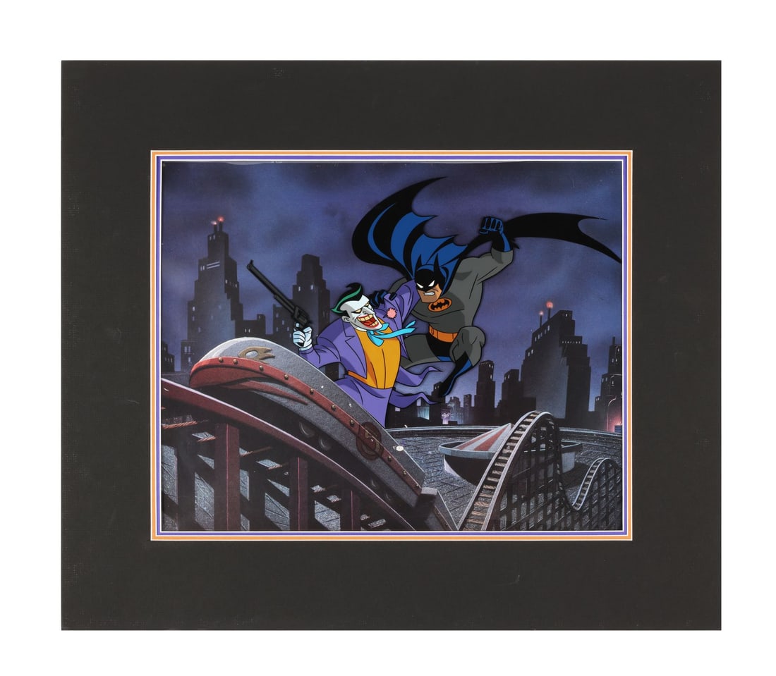 BATMAN: THE ANIMATED SERIES (TV SERIES, 1992-1995) - Be A Clown Hand-Painted Limited Edition No.: BATMAN: THE ANIMATED SERIES (TV SERIES, 1992-1995) - Be A Clown Hand-Painted Limited Edition No. Colour Model/1 on Studio Printed Lithographic Background Matted - Batman has the Joker by the lapels ab