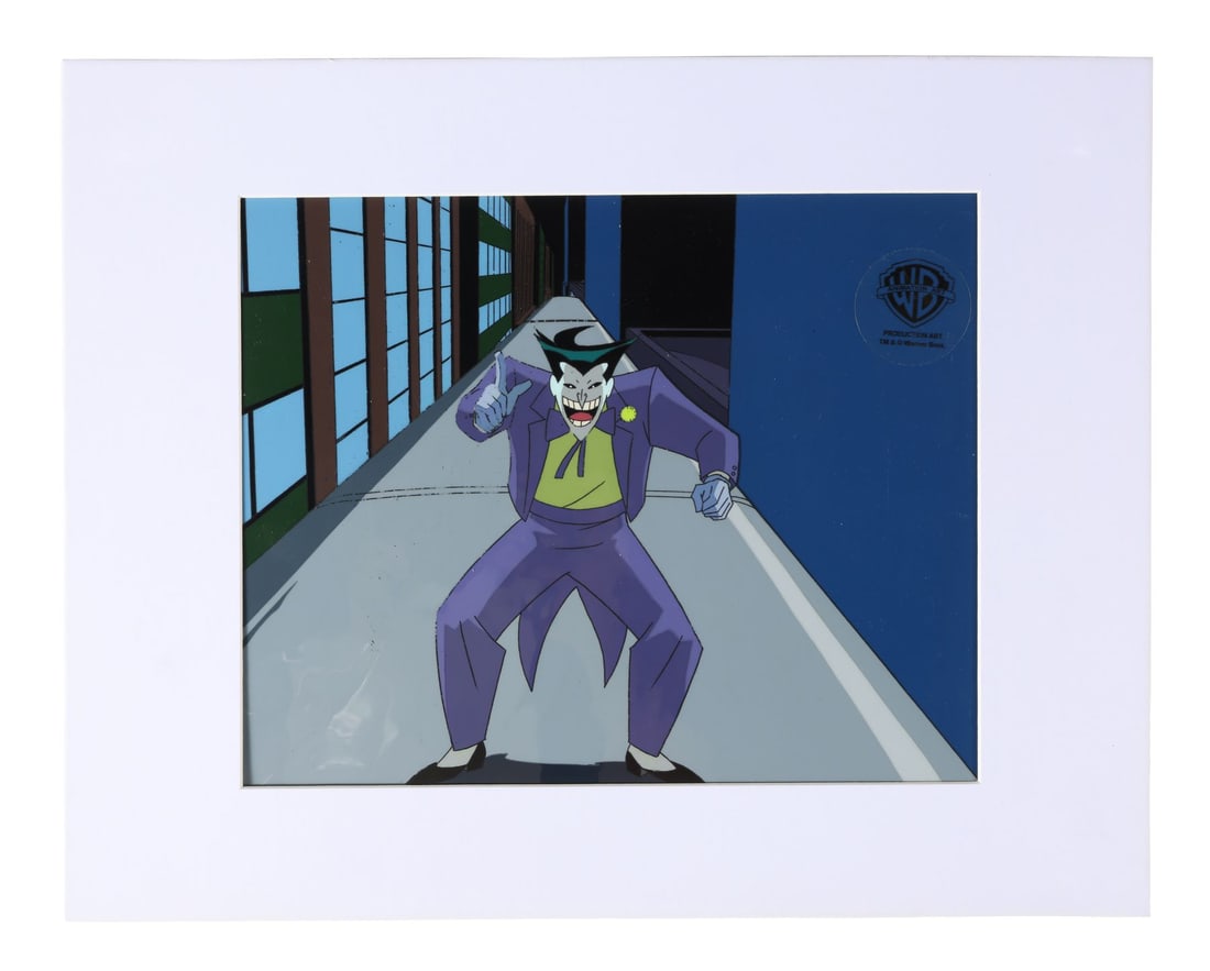 NEW BATMAN ADVENTURES, THE (TV SERIES, 1997-1999) - The Joker Original Production Cel on Key Master: NEW BATMAN ADVENTURES, THE (TV SERIES, 1997-1999) - The Joker Original Production Cel on Key Master Production Background from "Mad Love" - The Joker stands centre stage in the dead of night, full fig