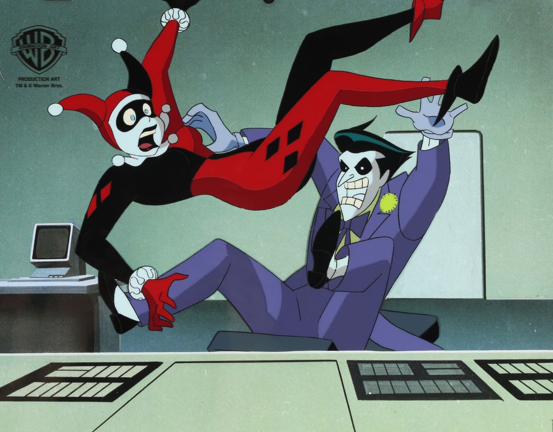SUPERMAN: THE ANIMATED SERIES (TV SERIES, 1996-2000) - Harley Falls On Joker Original Production: SUPERMAN: THE ANIMATED SERIES (TV SERIES, 1996-2000) - Harley Falls On Joker Original Production Cels from "World's Finest: Part II" on Printed Matted Presentation Background - Harley Quinn comes cras