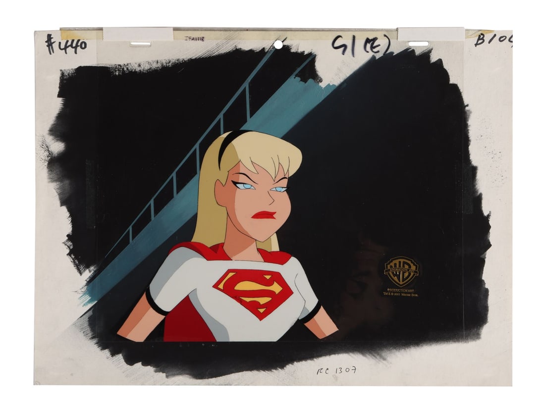NEW BATMAN ADVENTURES, THE (TV SERIES, 1997-1999) - Supergirl Original Production Cel from "Girl's: NEW BATMAN ADVENTURES, THE (TV SERIES, 1997-1999) - Supergirl Original Production Cel from "Girl's Night Out" on Hand-Painted Key Master Production Background - Supergirl crosses into Gotham in "Girl'