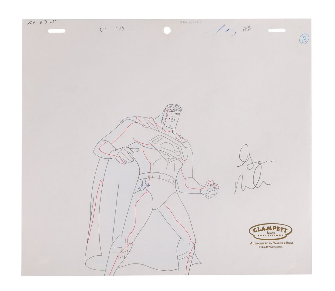 JUSTICE LEAGUE (TV SERIES, 2001-2004) - Superman Original Production Drawing Signed by George: JUSTICE LEAGUE (TV SERIES, 2001-2004) - Superman Original Production Drawing Signed by George Newbern - Here is Superman drawn for the Bruce Timm house style that carried the DC Animated Universe thro