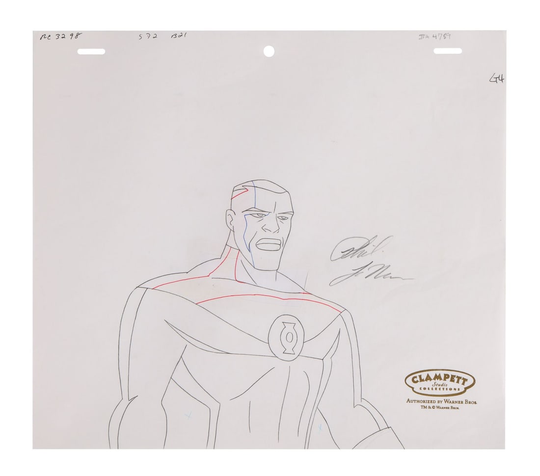 JUSTICE LEAGUE (TV SERIES, 2001-2004) - Green Lantern Original Production Drawing Signed by Phil: JUSTICE LEAGUE (TV SERIES, 2001-2004) - Green Lantern Original Production Drawing Signed by Phil LaMarr - This is the Green Lantern who anchored the Justice League, drawn here in a full-figure portrai