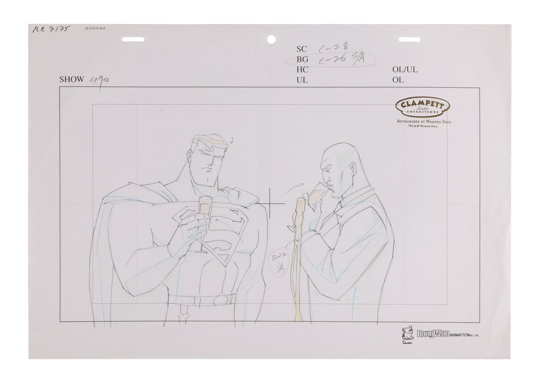 JUSTICE LEAGUE (TV SERIES, 2001-2004) - Superman and Lex Luthor Original Camera Layout Drawing: JUSTICE LEAGUE (TV SERIES, 2001-2004) - Superman and Lex Luthor Original Camera Layout Drawing - Superman and Lex Luthor stand a few feet apart, each raising a glass of champagne, and the layout holds