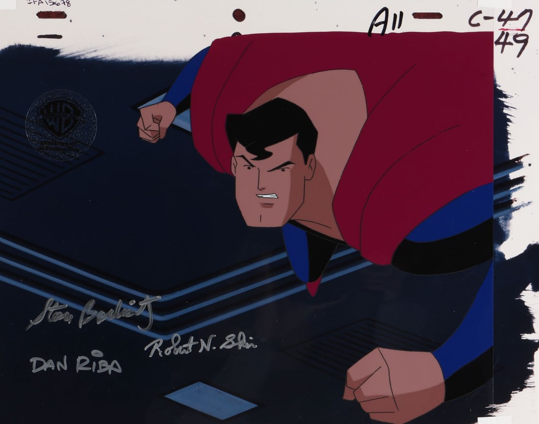 SUPERMAN: THE ANIMATED SERIES (TV SERIES, 1996-2000) - Superman Original Production Cel from: SUPERMAN: THE ANIMATED SERIES (TV SERIES, 1996-2000) - Superman Original Production Cel from "World's Finest Part 3" on Studio Printed Photographic Background Signed by Stan Berkowitz, Dan Riba and Ro