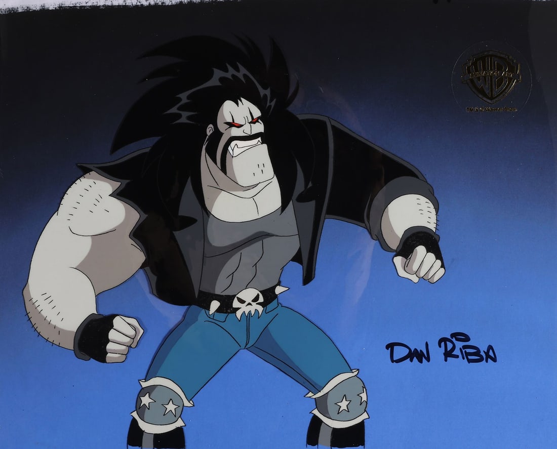 SUPERMAN: THE ANIMATED SERIES (TV SERIES, 1996-2000) - Lobo Original Production Cel from "The Main: SUPERMAN: THE ANIMATED SERIES (TV SERIES, 1996-2000) - Lobo Original Production Cel from "The Main Man Part II" on Studio Printed Photographic Background Signed by Dan Riba - Lobo plants himself wide 