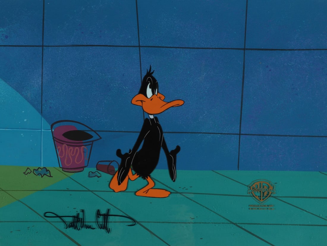 BOX-OFFICE BUNNY (SHORT 1990) - Daffy Duck Original Production Cel on Key Master Production: BOX-OFFICE BUNNY (SHORT 1990) - Daffy Duck Original Production Cel on Key Master Production Background Signed by Darryl Van Citters - Here is Daffy Duck on the floor of the Cineminium, the hundred-scr