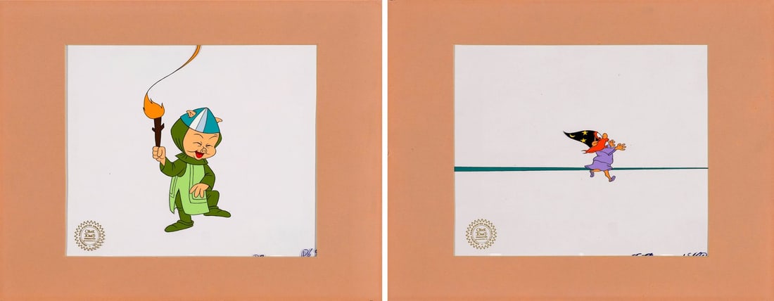 BUGS BUNNY IN KING ARTHUR'S COURT (1978) - Porky Pig and Yosemite Sam Pair of Original Production: BUGS BUNNY IN KING ARTHUR'S COURT (1978) - Porky Pig and Yosemite Sam Pair of Original Production Cels Matted - A pair of original production cels from Bugs Bunny in King Arthur's Court, Chuck Jones's