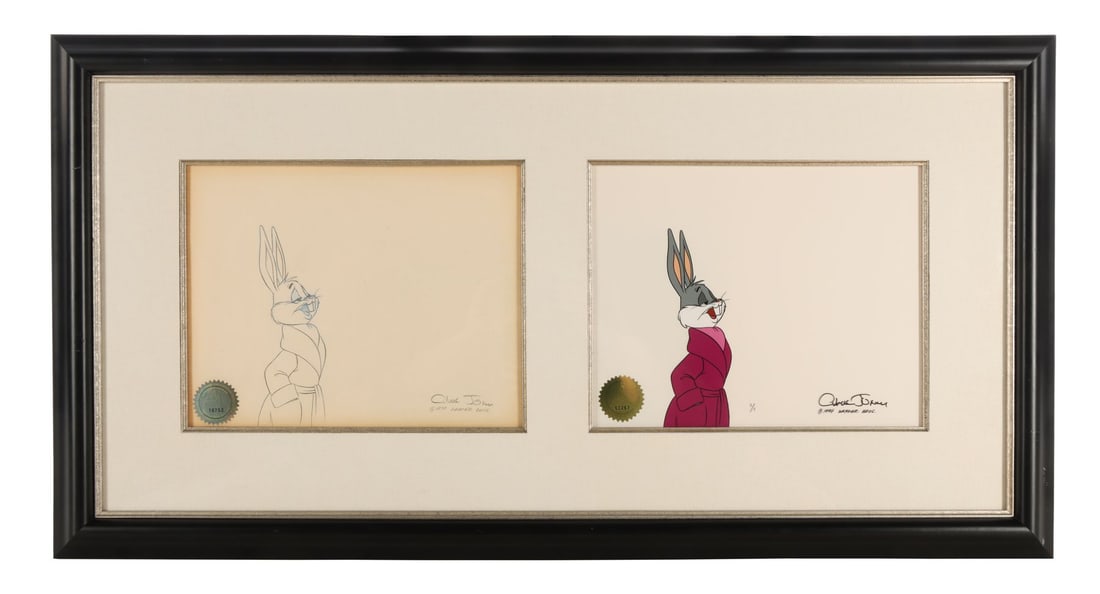 BUGS BUNNY/ROAD-RUNNER MOVIE, THE (1979) - Bugs Bunny 1/1 Original Production Drawing and: BUGS BUNNY/ROAD-RUNNER MOVIE, THE (1979) - Bugs Bunny 1/1 Original Production Drawing and Hand-Painted Cel Signed by Chuck Jones - Bugs Bunny in his dressing gown, mid-tour of that opulent cantilevere