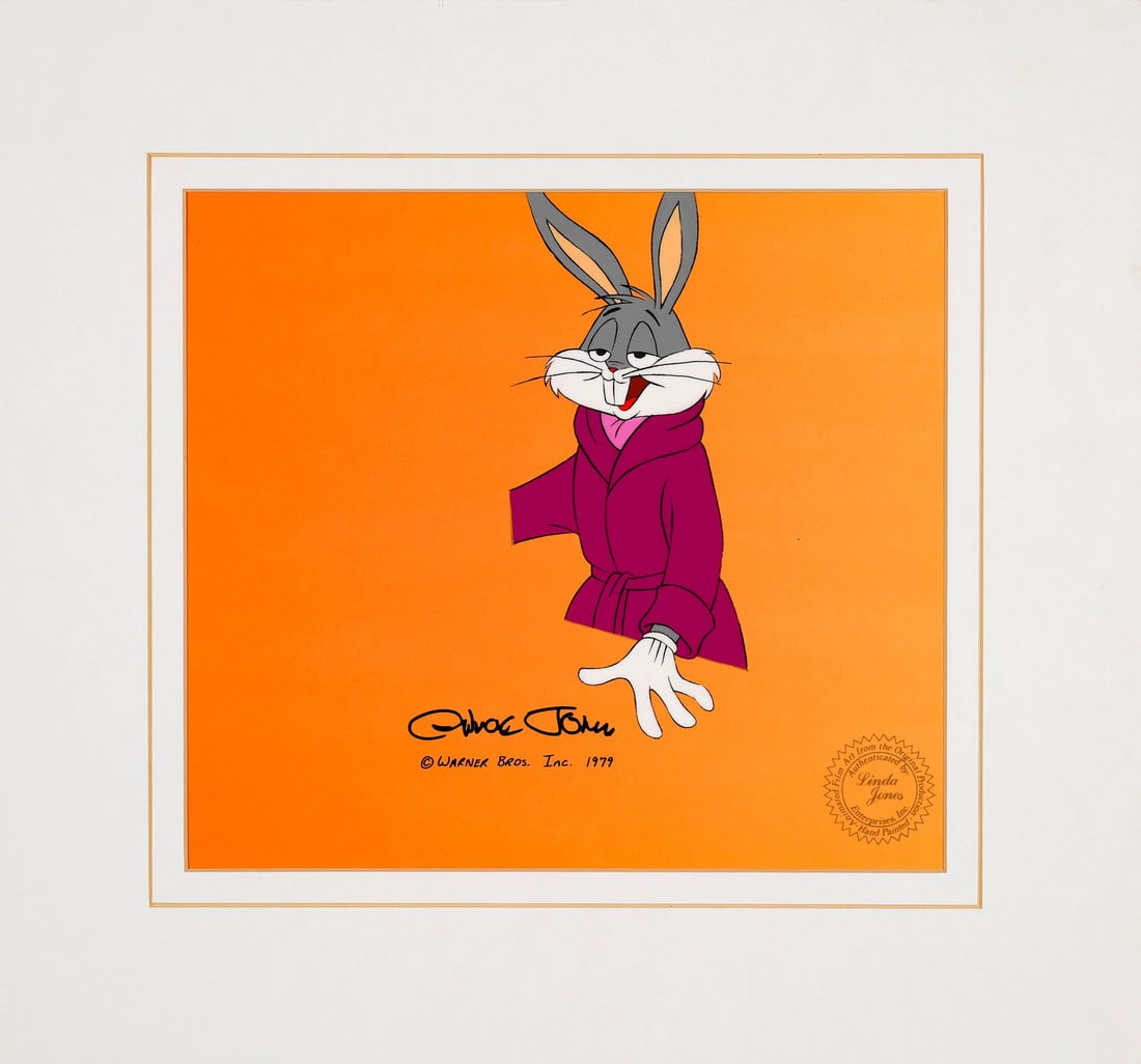 THE BUGS BUNNY/ROAD RUNNER MOVIE (1979) - Bugs Bunny Original Production Cel on Studio Printed: THE BUGS BUNNY/ROAD RUNNER MOVIE (1979) - Bugs Bunny Original Production Cel on Studio Printed Lithographic Background Signed by Chuck Jones - Bugs Bunny plays host here, smartly turned out in his dre