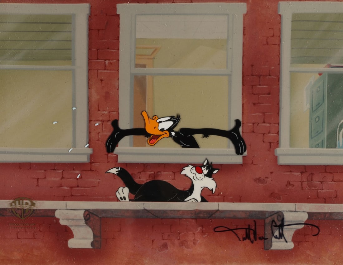 DAFFY DUCK'S QUACKBUSTERS (1988) - Daffy Duck, Sylvester Original Production Cel on Studio Printed: DAFFY DUCK'S QUACKBUSTERS (1988) - Daffy Duck, Sylvester Original Production Cel on Studio Printed Photographic Background Signed by Darrell Van Citters - Daffy Duck leans out of the window with all t