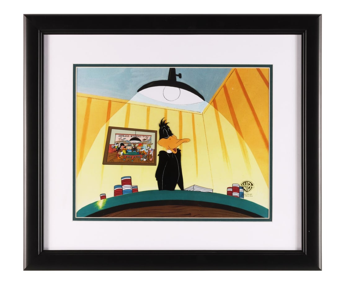 LOONEY TUNES (TV SERIES, 1929-PRESENT) - Framed Daffy Duck at the Poker Table Original Production: LOONEY TUNES (TV SERIES, 1929-PRESENT) - Framed Daffy Duck at the Poker Table Original Production Cel on Printed Presentation Background - Daffy Duck stands over a poker table here, chips stacked and 