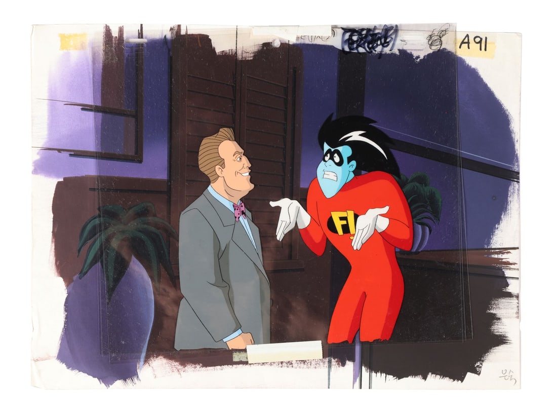 FREAKAZOID! (TV SERIES, 1995-1997) - Chip Clavicle and Freakazoid Original Production Cel on a: FREAKAZOID! (TV SERIES, 1995-1997) - Chip Clavicle and Freakazoid Original Production Cel on a Master Production Background - This setup pairs an original production cel of Freakazoid and Chip Clavicl