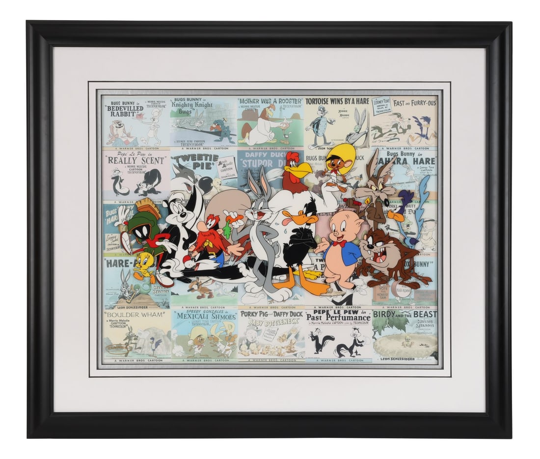 LOONEY TUNES (TV SERIES, 1929-PRESENT) - Grand Finale Lobby Cards Hand-Painted Limited Edition: LOONEY TUNES (TV SERIES, 1929-PRESENT) - Grand Finale Lobby Cards Hand-Painted Limited Edition Framed and Matted - Nine of the most recognisable cartoon characters ever drawn stand together at the fro