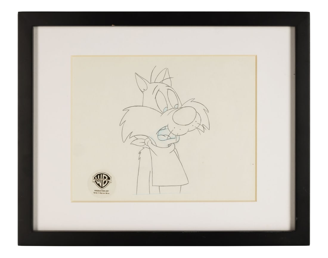 LOONEY TUNES (TV SERIES, 1929-PRESENT) - Sylvester Original Production Drawing: LOONEY TUNES (TV SERIES, 1929-PRESENT) - Sylvester Original Production Drawing - Sylvester pulls his own coat collar up around his throat here, that famously put-upon face caught somewhere between fri